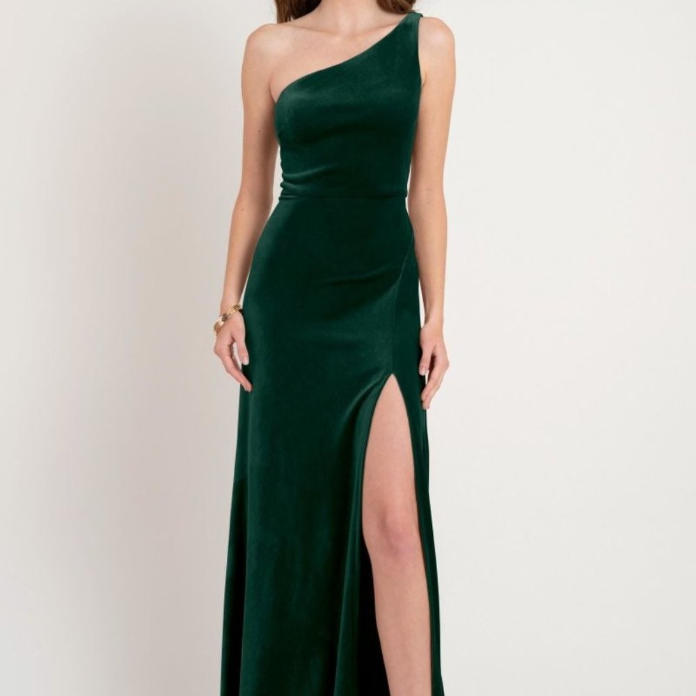 Jenny Yoo Emerald Velvet One Shoulder Dress